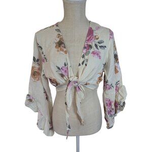 Spoon Jeans Womens Sz Large White Floral Front Tie Crop Top Shrug Cover-up
